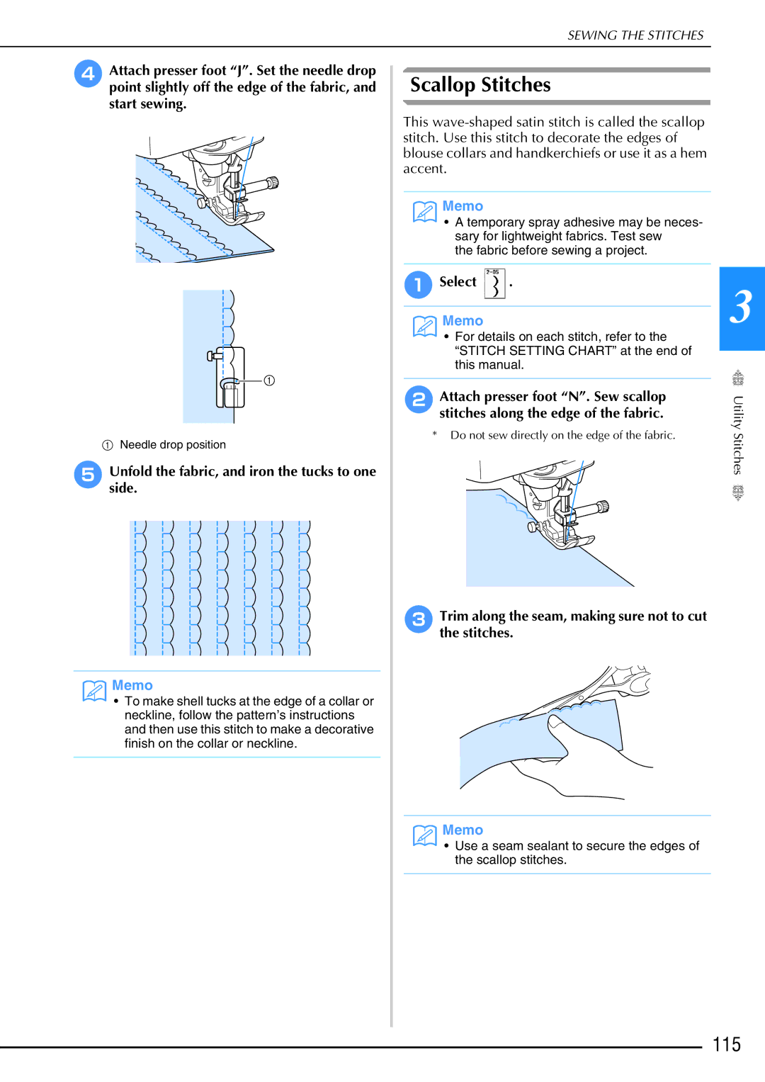 Brother 882-W02, 882-W01 operation manual Scallop Stitches, 115, Trim along the seam, making sure not to cut the stitches 