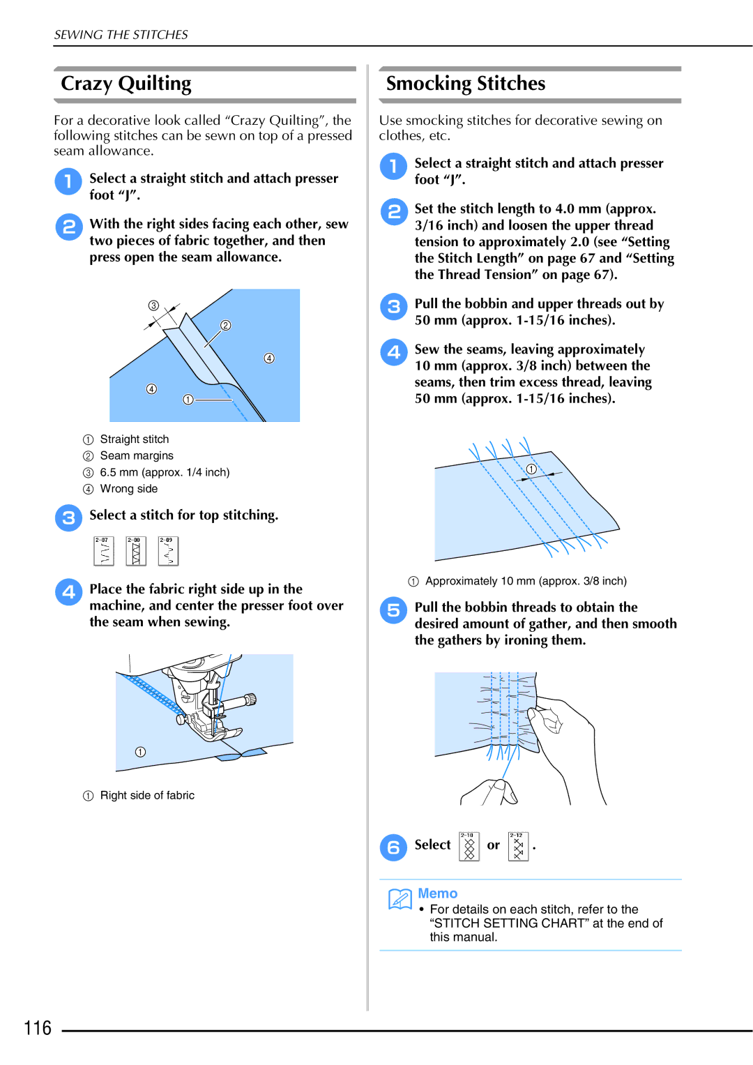 Brother 882-W01, 882-W02 operation manual Crazy Quilting, Smocking Stitches, 116 