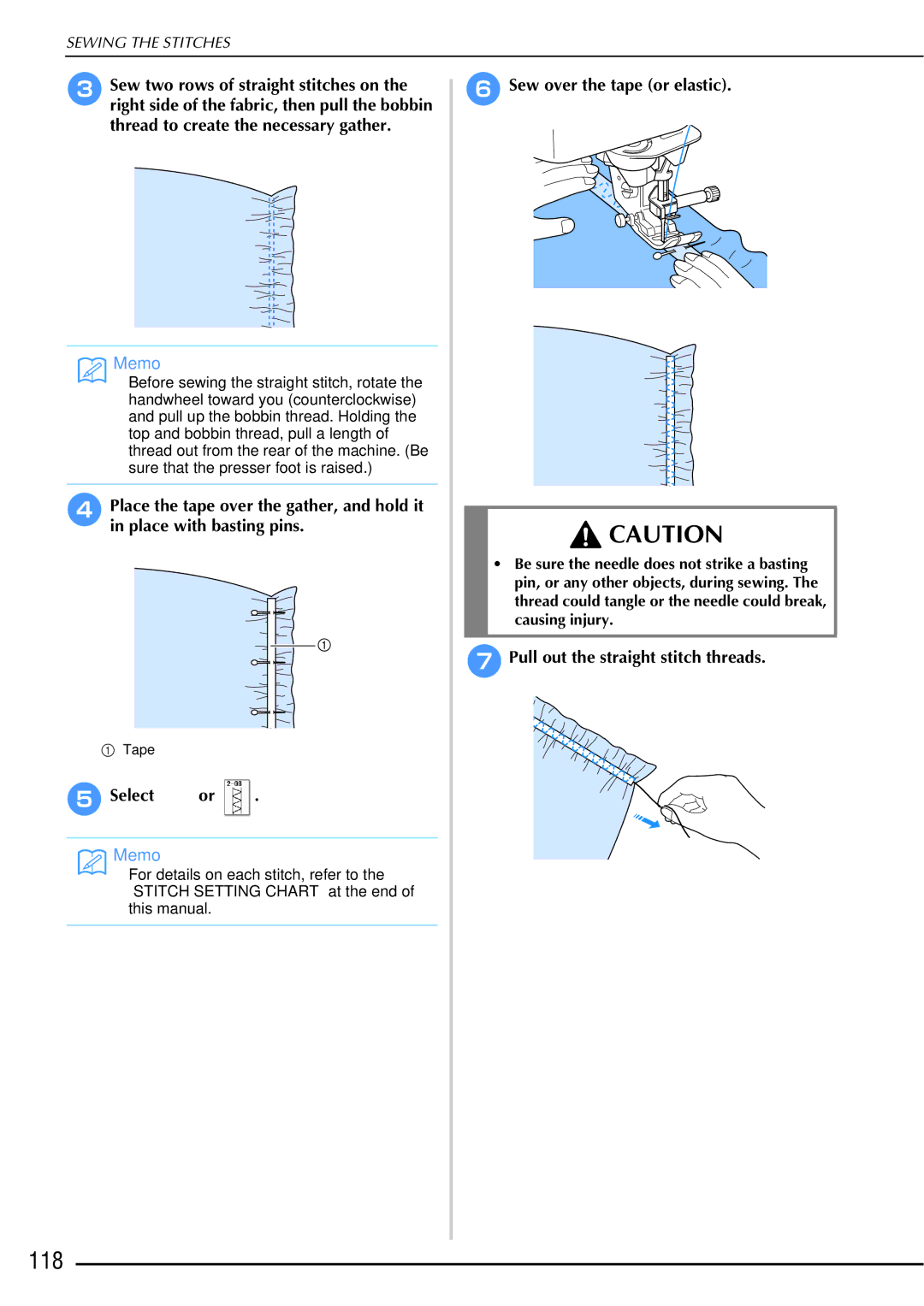 Brother 882-W01, 882-W02 118, ESelect or, Sew over the tape or elastic, Pull out the straight stitch threads 