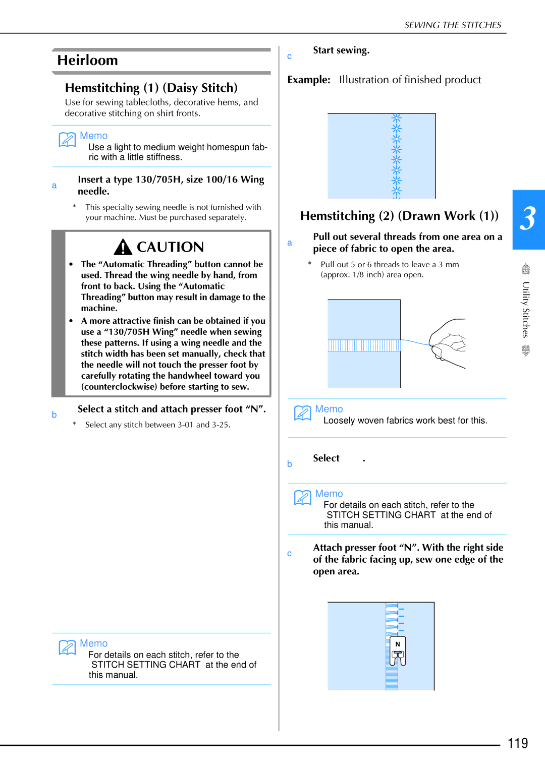 Brother 882-W02, 882-W01 operation manual Heirloom, 119, Hemstitching 1 Daisy Stitch, Hemstitching 2 Drawn Work 