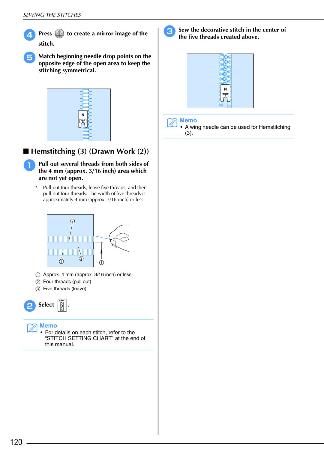 Brother 882-W01, 882-W02 operation manual 120, Hemstitching 3 Drawn Work 