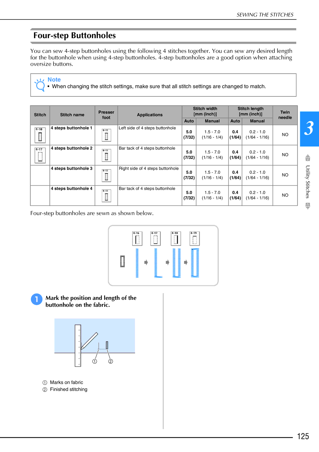 Brother 882-W02, 882-W01 operation manual Four-step Buttonholes, 125 