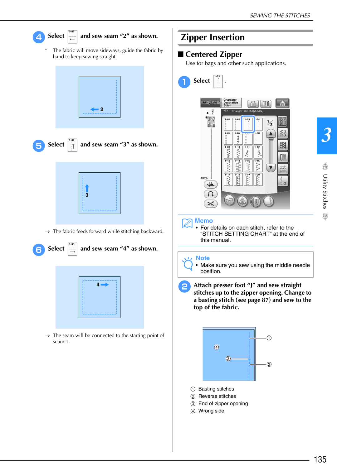 Brother 882-W02, 882-W01 operation manual Zipper Insertion, 135, Centered Zipper 