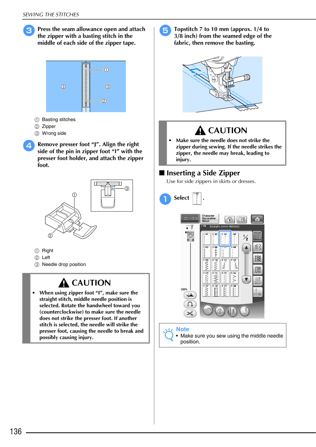 Brother 882-W01, 882-W02 operation manual 136, Inserting a Side Zipper 