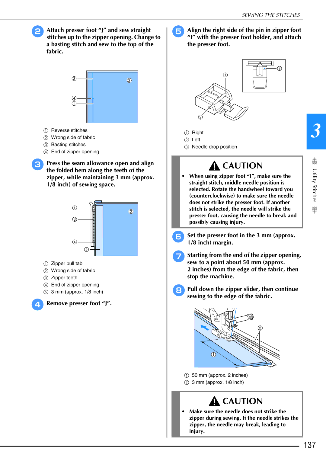 Brother 882-W02, 882-W01 operation manual 137, Set the presser foot in the 3 mm approx /8 inch margin 