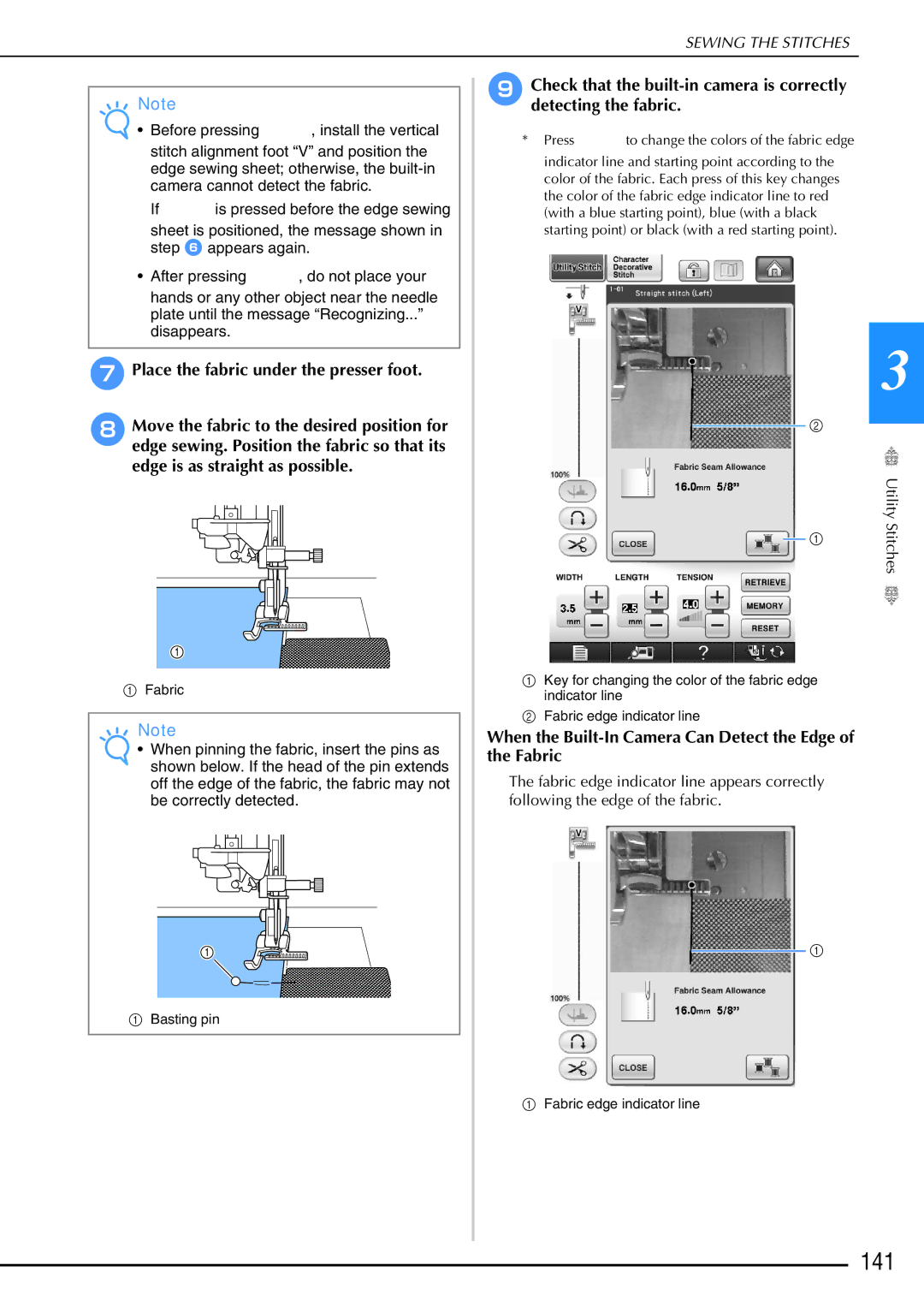 Brother 882-W02, 882-W01 operation manual 141, When the Built-In Camera Can Detect the Edge of the Fabric 