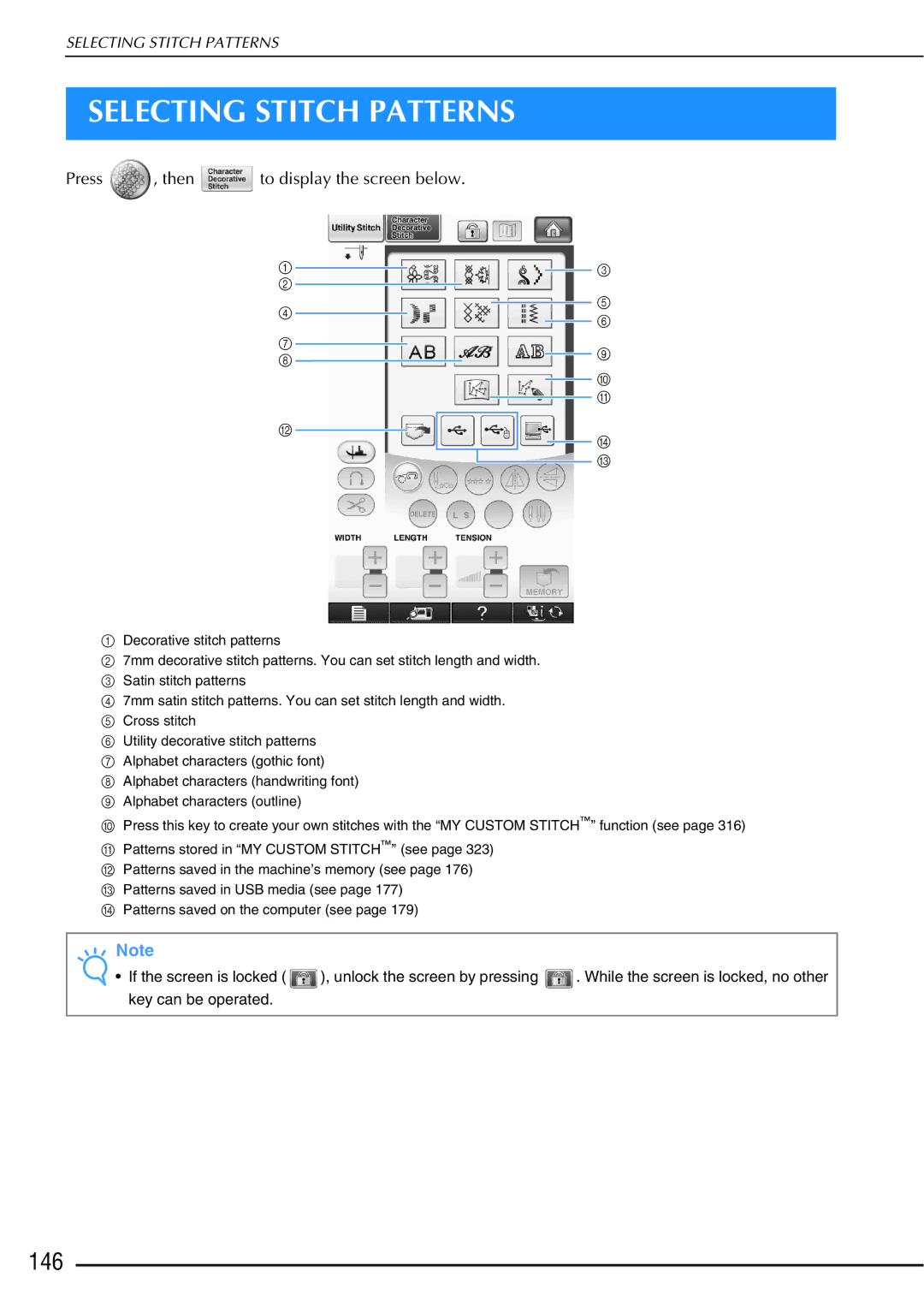 Brother 882-W01, 882-W02 operation manual Selecting Stitch Patterns, 146 