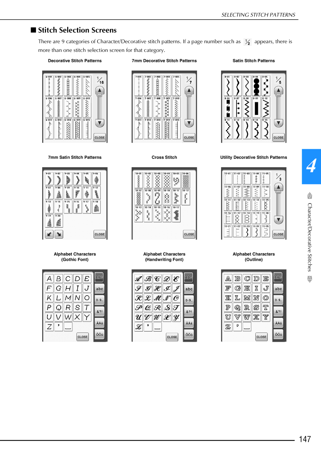 Brother 882-W02, 882-W01 operation manual 147, 7mm Satin Stitch Patterns Cross Stitch 