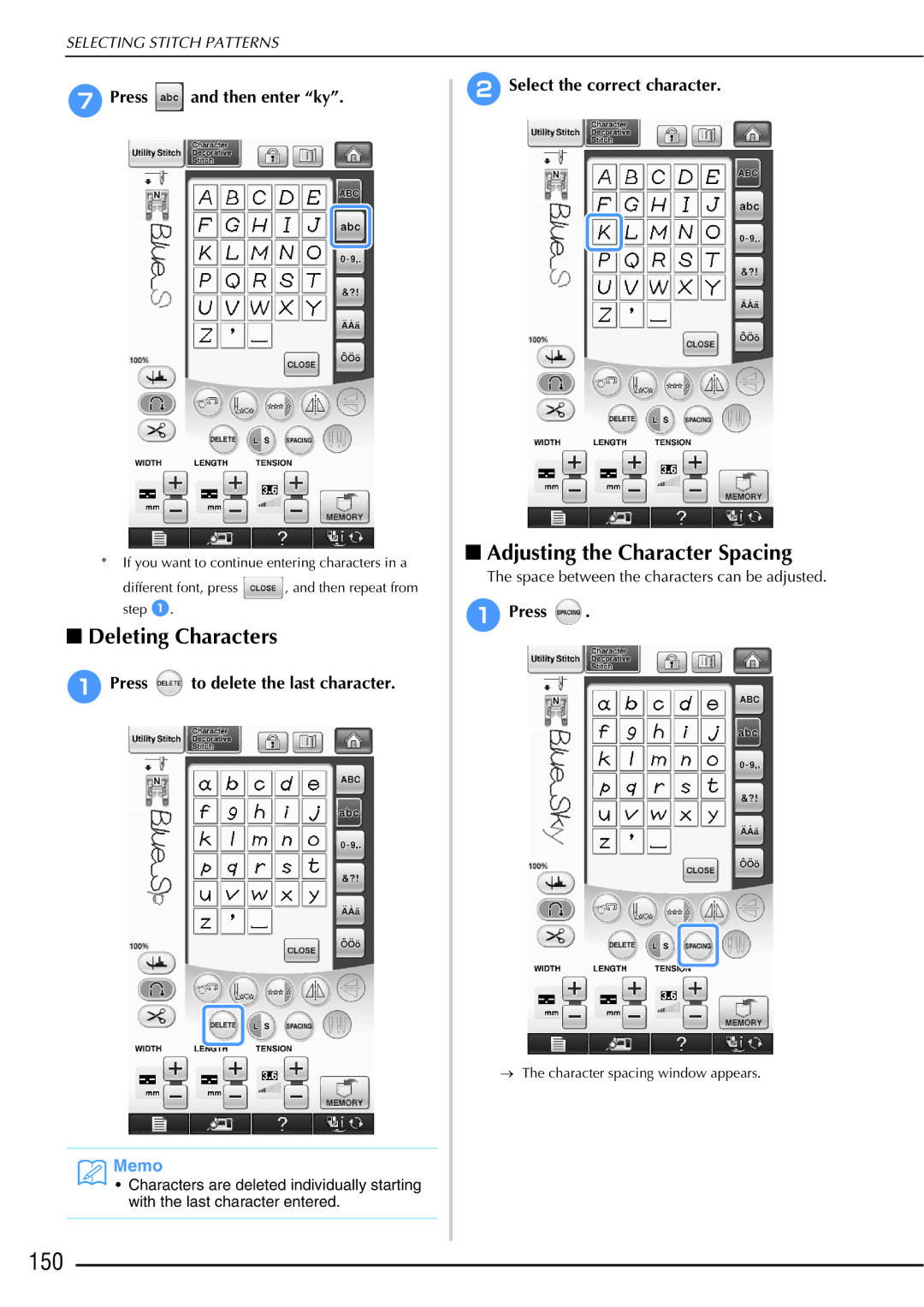 Brother 882-W01, 882-W02 operation manual 150, Deleting Characters, Adjusting the Character Spacing 