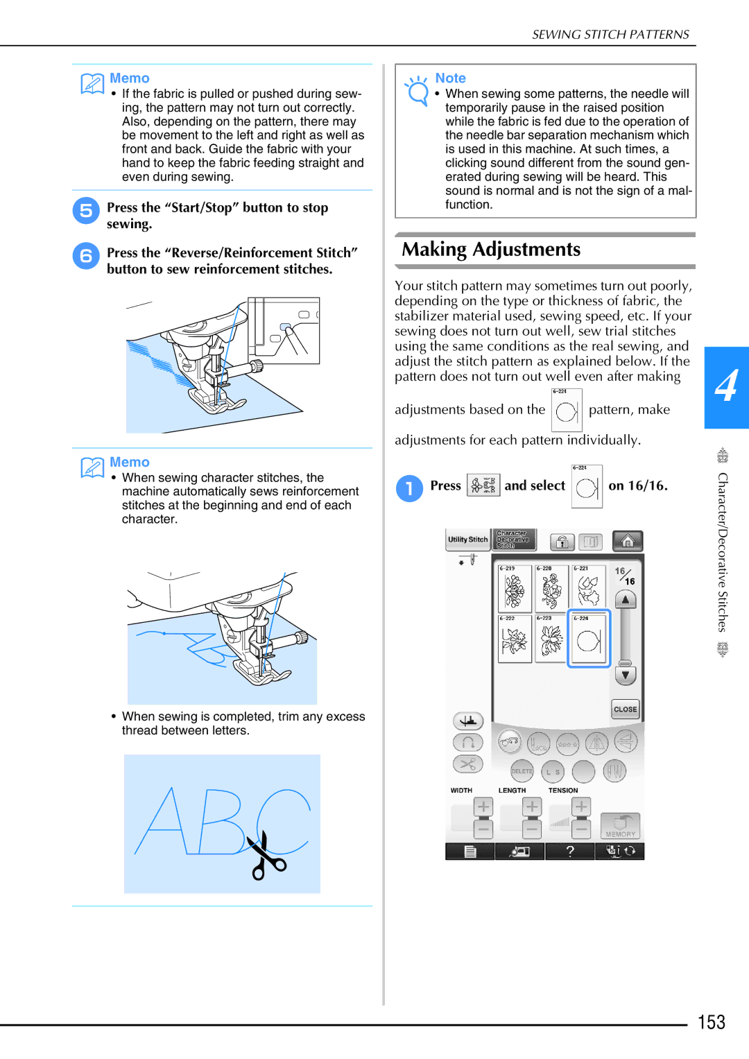 Brother 882-W02, 882-W01 operation manual Making Adjustments, 153, APress Select On 16/16 