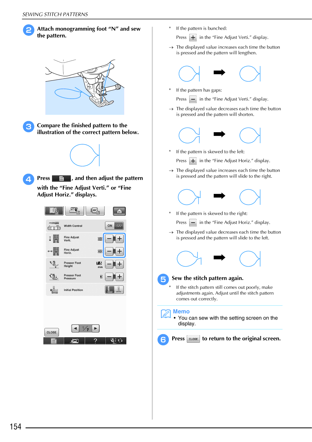 Brother 882-W01, 882-W02 operation manual 154, Sew the stitch pattern again, FPress to return to the original screen 