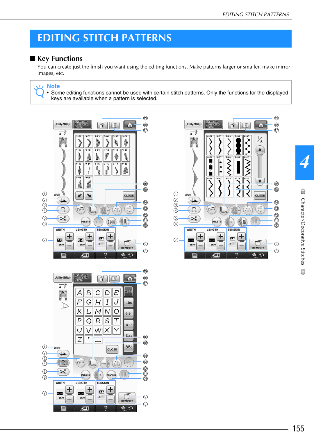 Brother 882-W02, 882-W01 operation manual Editing Stitch Patterns, 155 