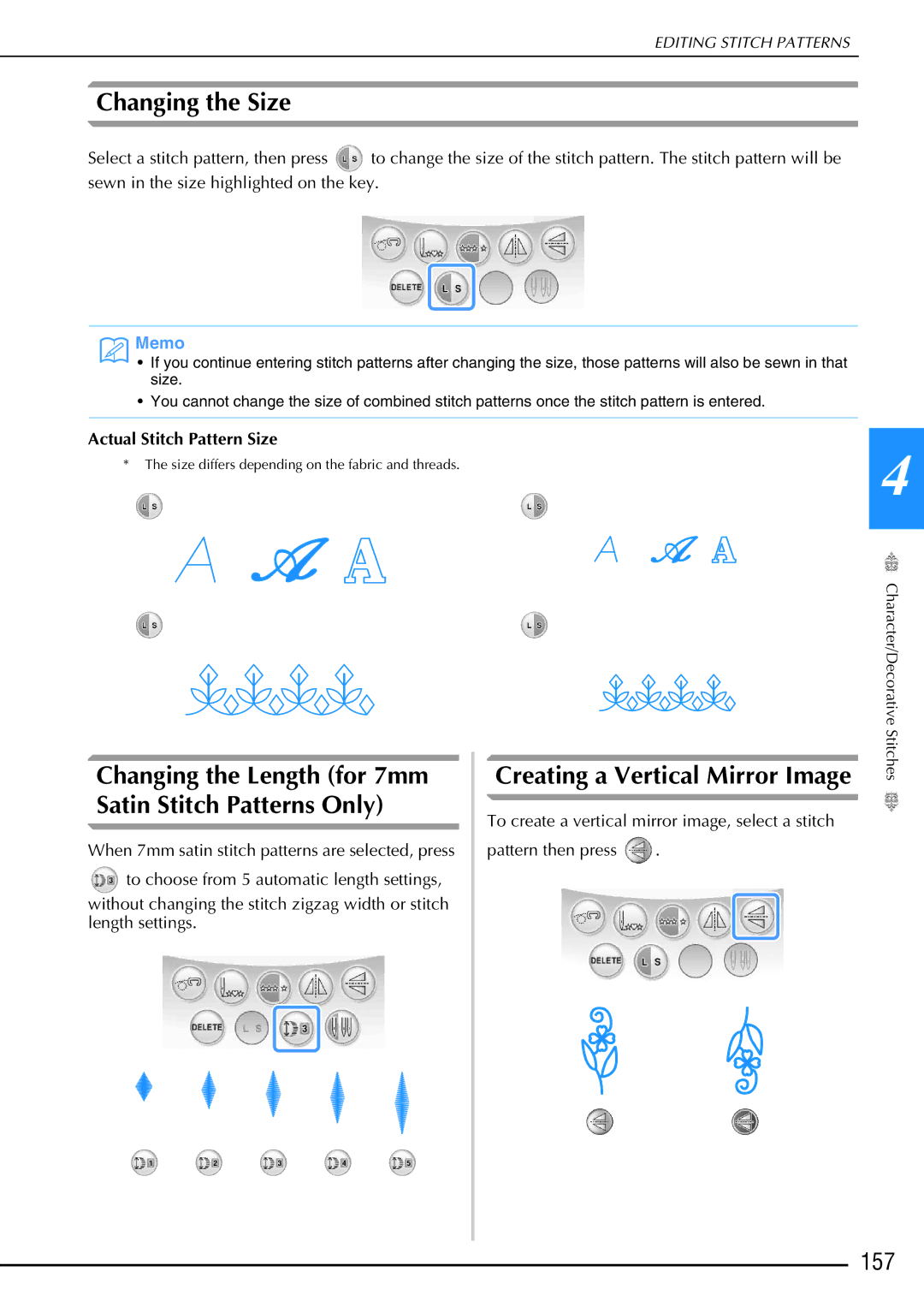 Brother 882-W02, 882-W01 Changing the Size, Creating a Vertical Mirror Image, 157, Actual Stitch Pattern Size 