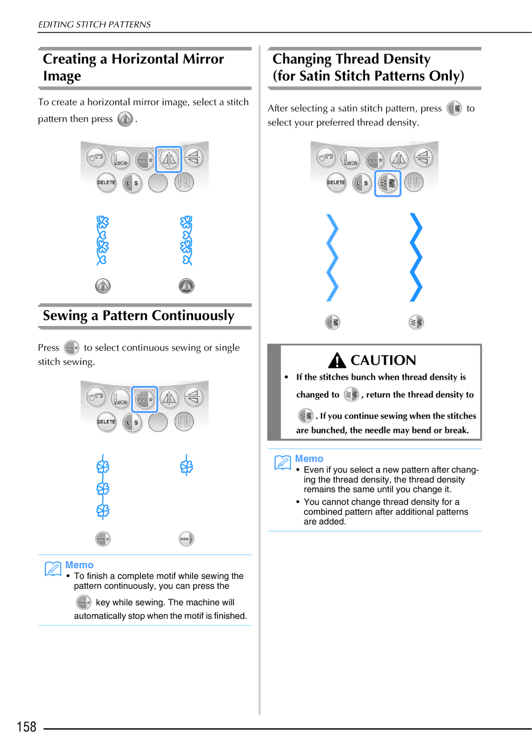 Brother 882-W01, 882-W02 operation manual Creating a Horizontal Mirror Image, Sewing a Pattern Continuously, 158 