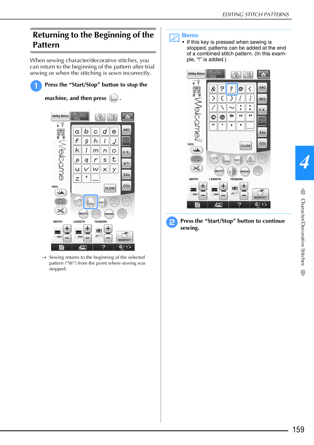 Brother 882-W02, 882-W01 operation manual Returning to the Beginning of the Pattern, 159 