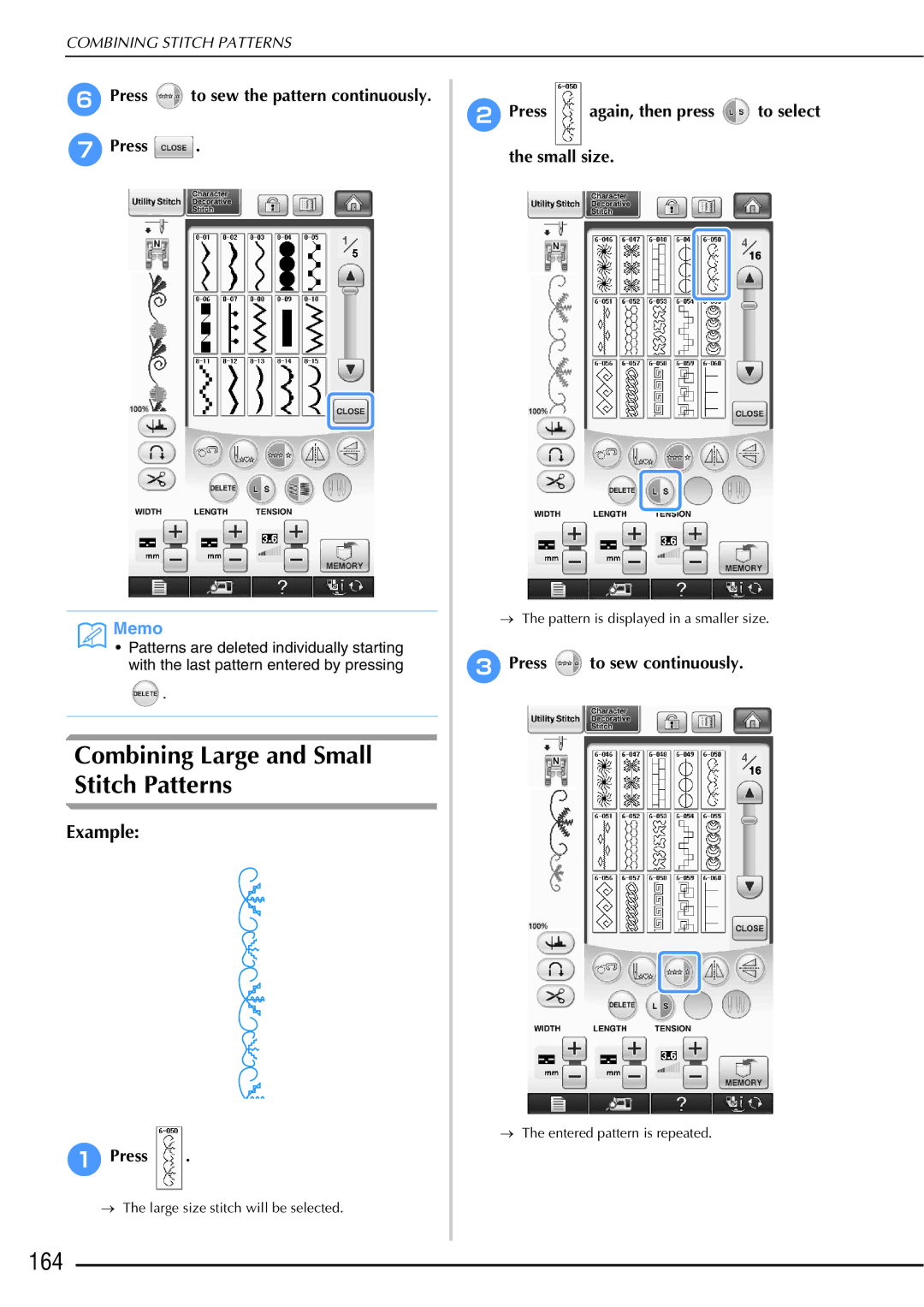 Brother 882-W01, 882-W02 operation manual Combining Large and Small Stitch Patterns, 164 