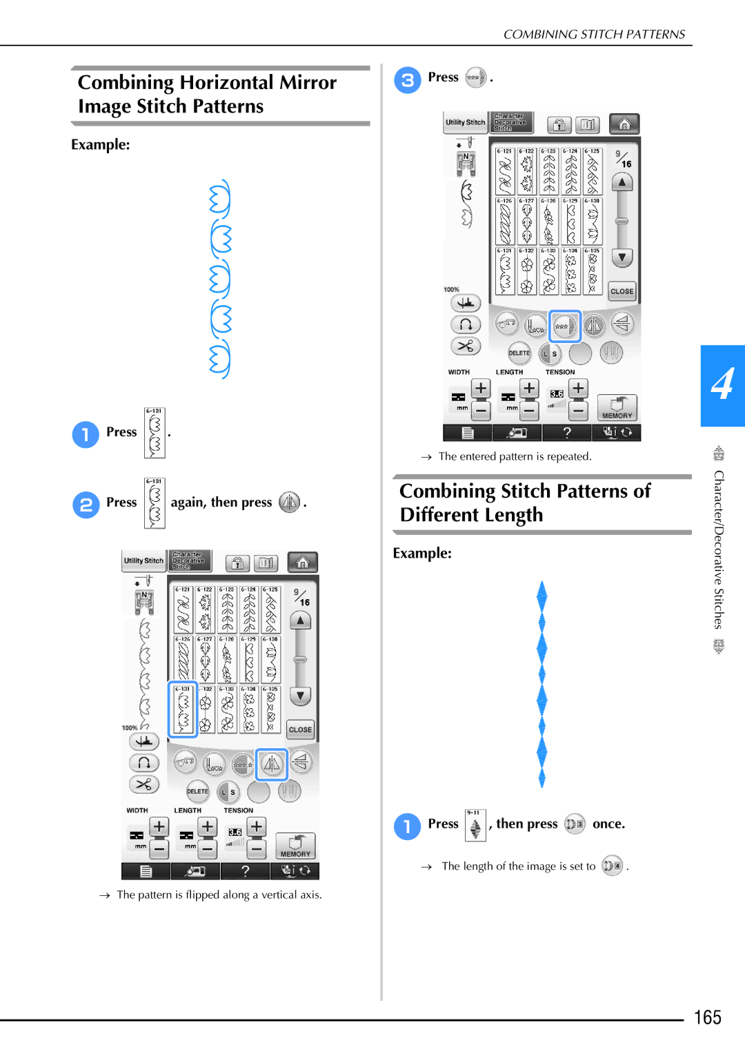Brother 882-W02 Combining Horizontal Mirror, Image Stitch Patterns, Combining Stitch Patterns of Different Length, 165 