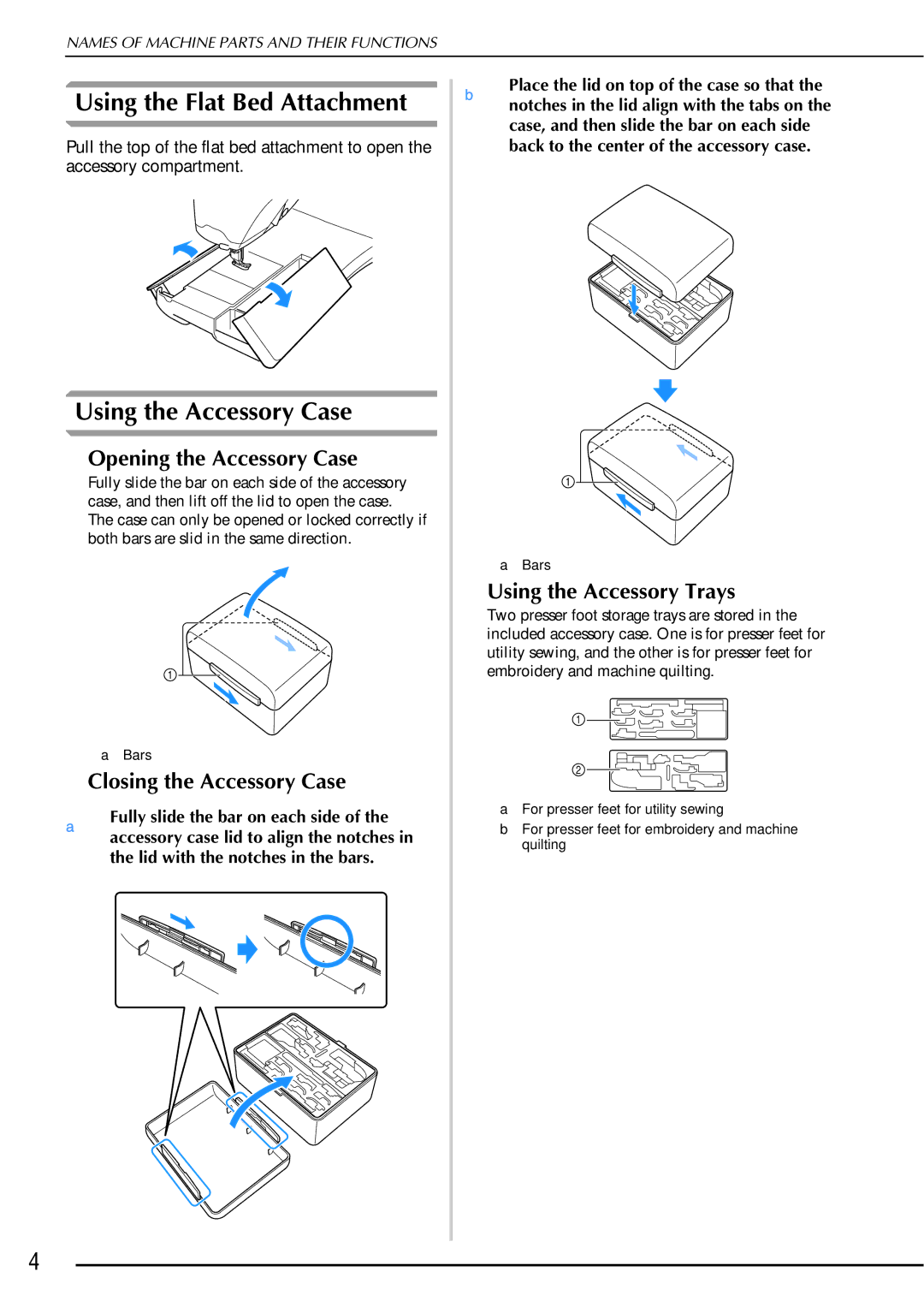 Brother 882-W01, 882-W02 Using the Flat Bed Attachment, Using the Accessory Case, Opening the Accessory Case 