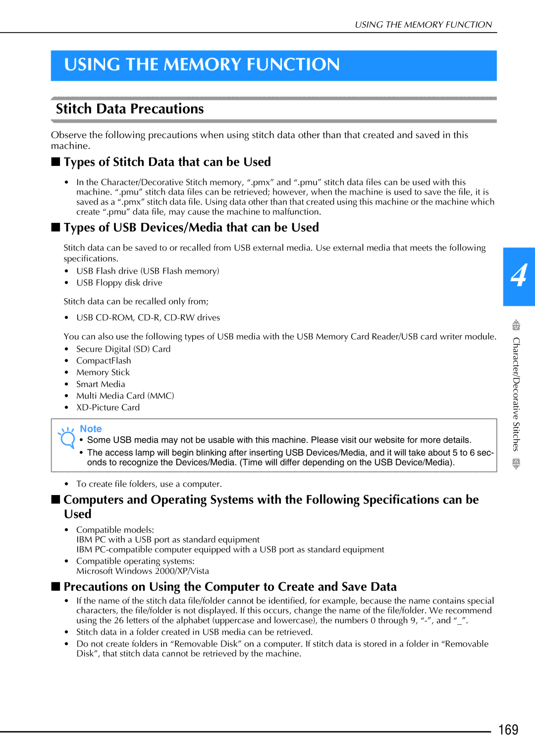 Brother 882-W02, 882-W01 operation manual Using the Memory Function, Stitch Data Precautions, 169 