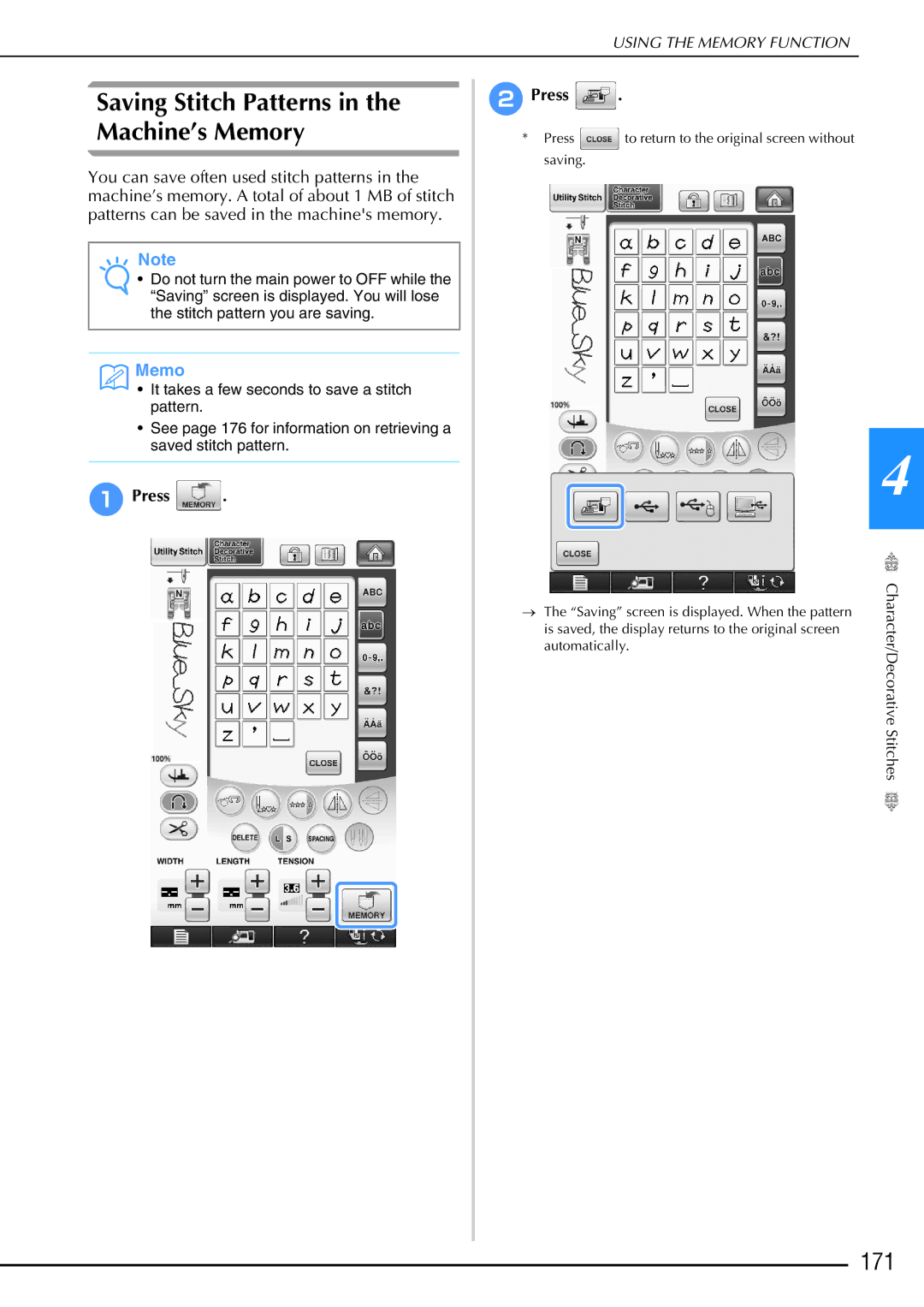 Brother 882-W02, 882-W01 operation manual Saving Stitch Patterns in the Machine’s Memory, 171 