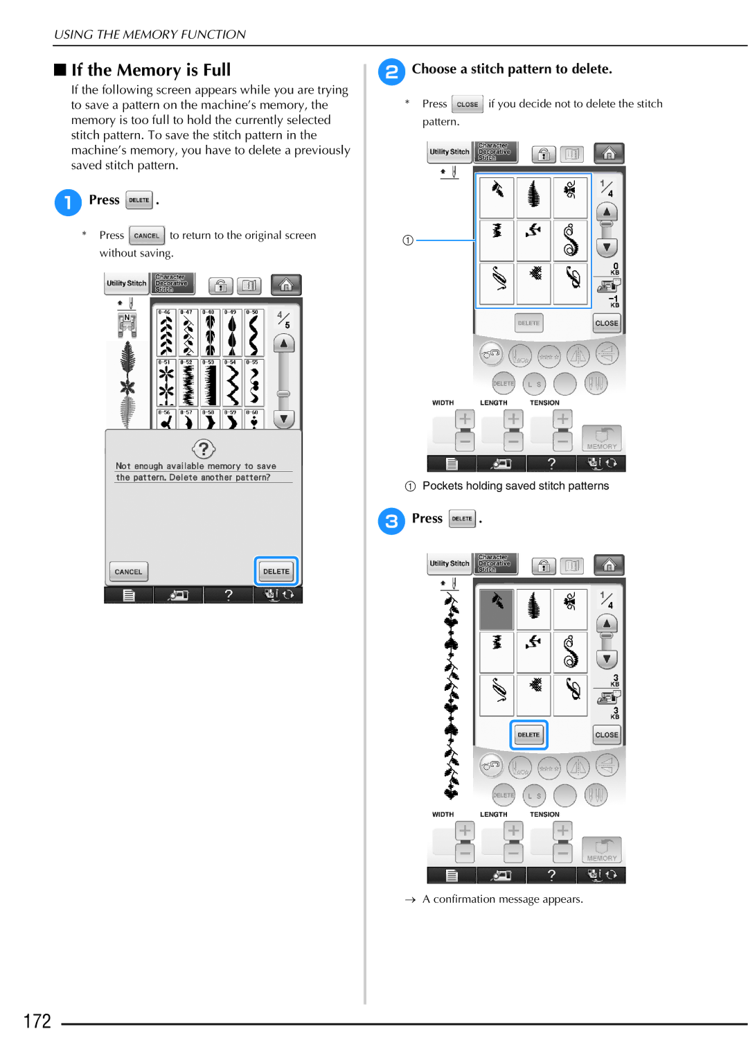 Brother 882-W01, 882-W02 operation manual 172, If the Memory is Full, Choose a stitch pattern to delete 