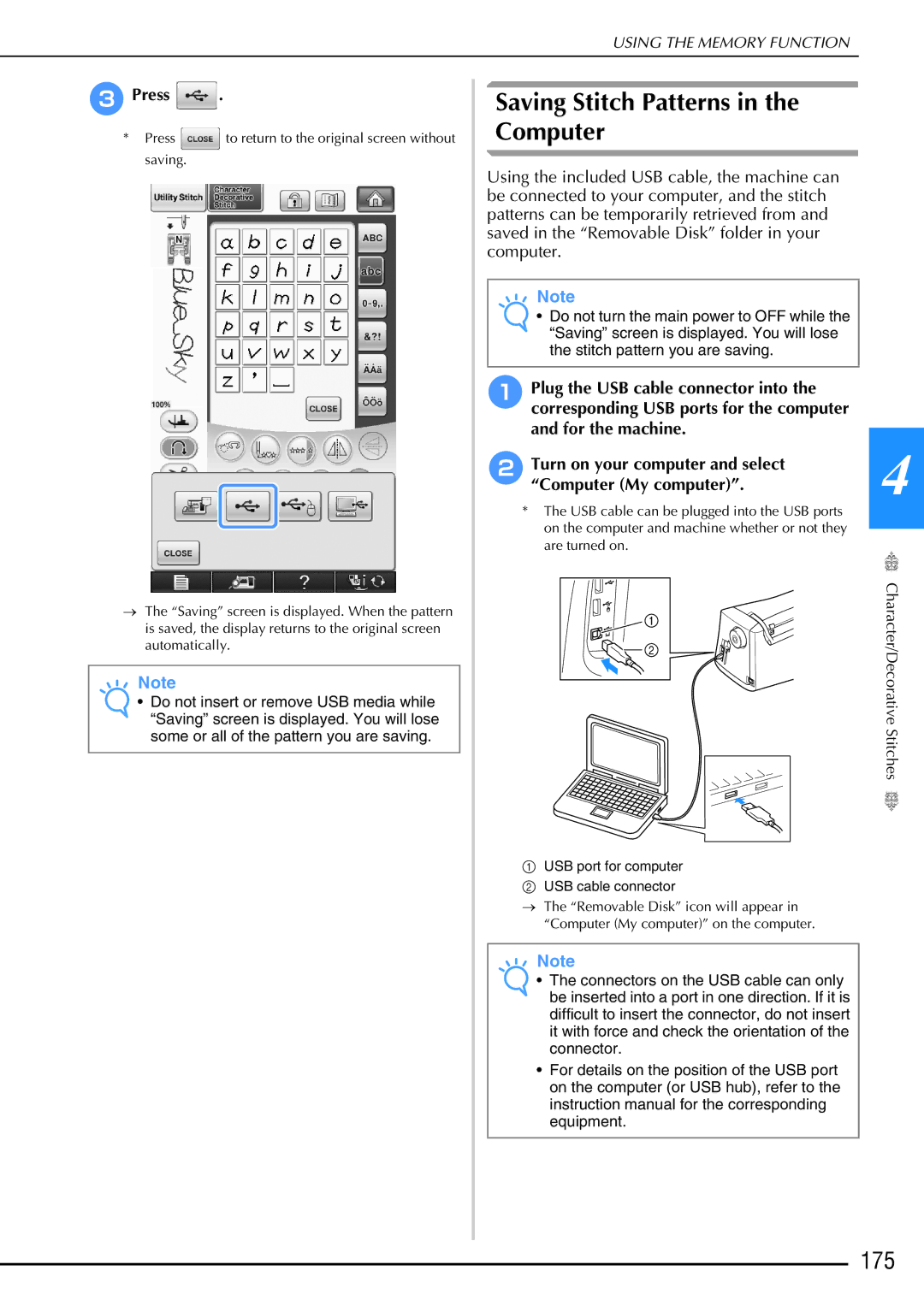 Brother 882-W02, 882-W01 operation manual Saving Stitch Patterns in the Computer, 175 