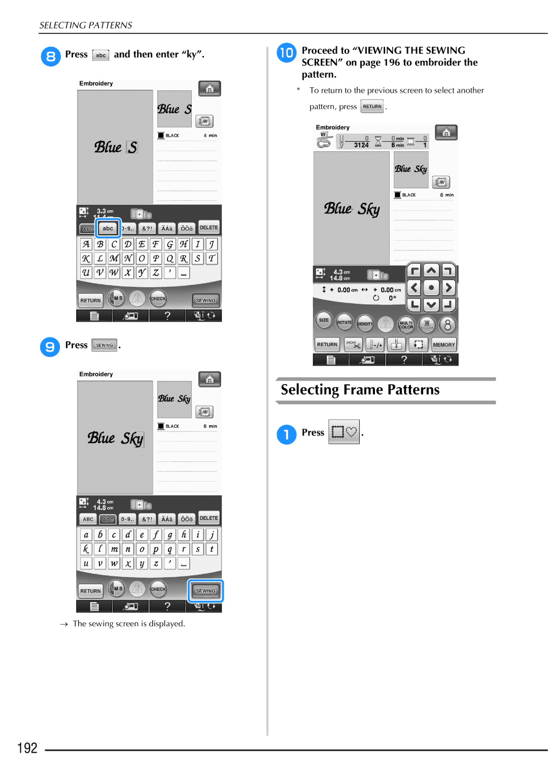 Brother 882-W01, 882-W02 operation manual Selecting Frame Patterns, 192, HPress and then enter ky 