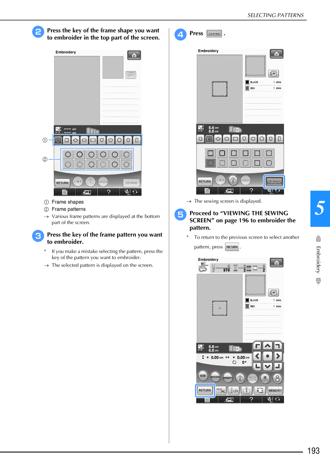 Brother 882-W02, 882-W01 operation manual 193, Press the key of the frame pattern you want to embroider 