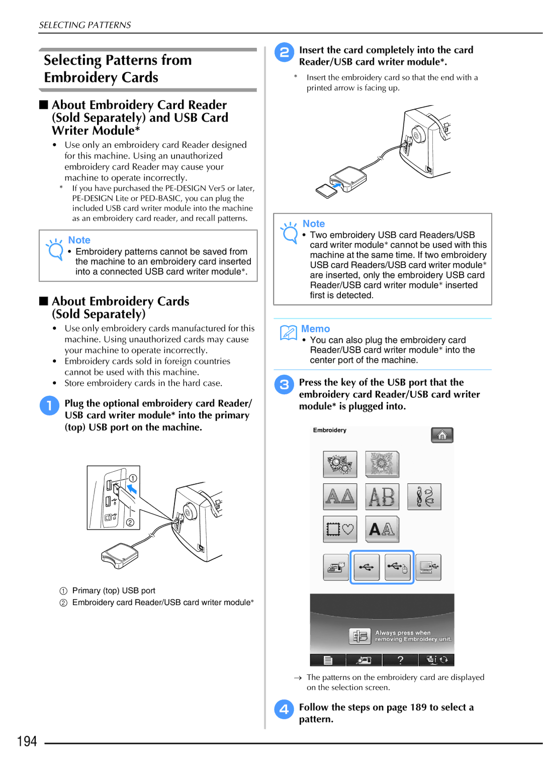 Brother 882-W01, 882-W02 Selecting Patterns from Embroidery Cards, 194, Followpattern.the steps on page 189 to select a 