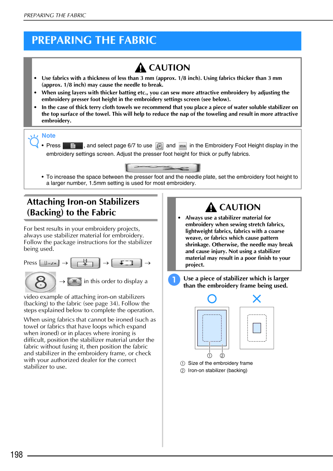 Brother 882-W01, 882-W02 operation manual Preparing the Fabric, 198 