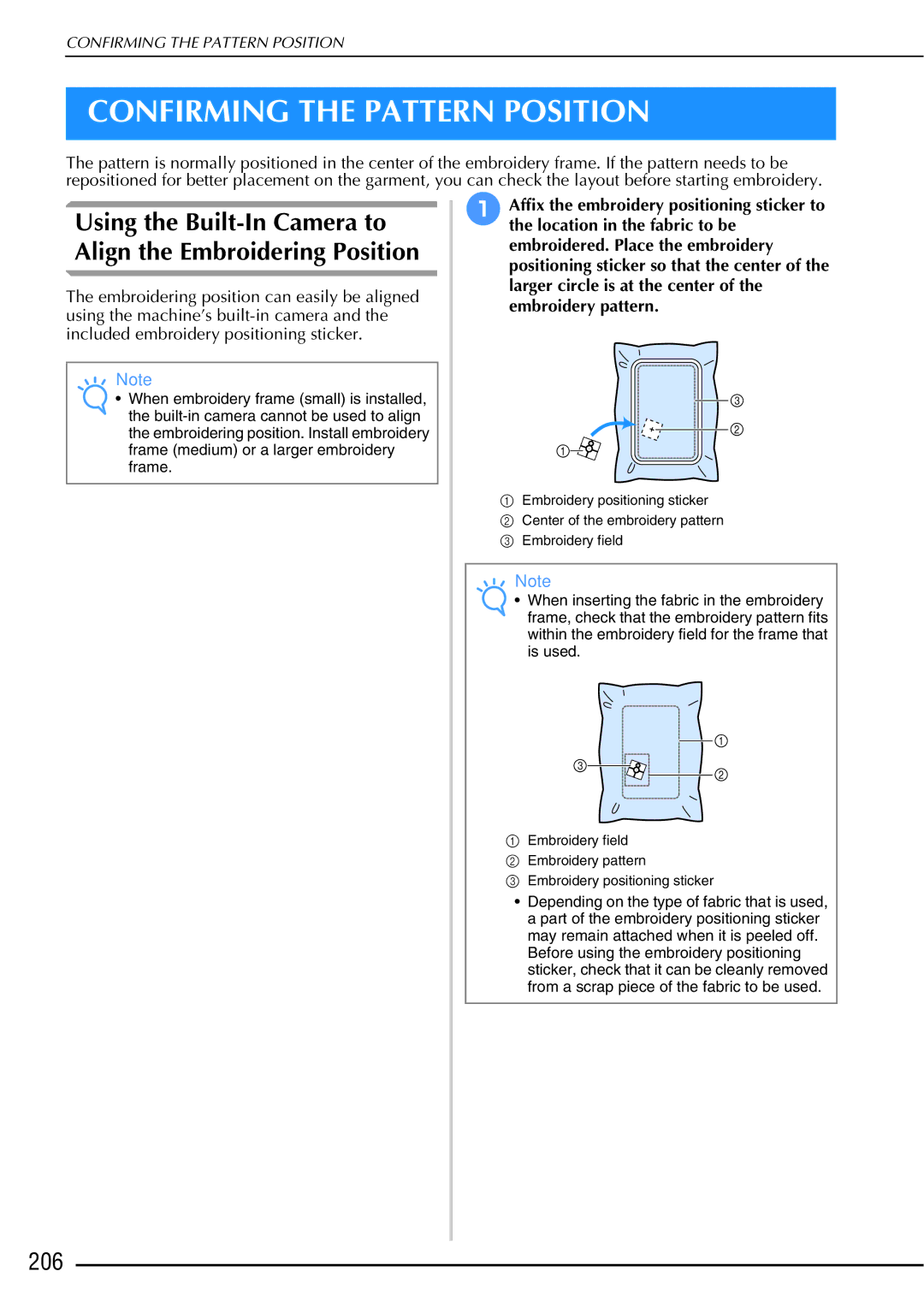 Brother 882-W01, 882-W02 operation manual Confirming the Pattern Position, 206 