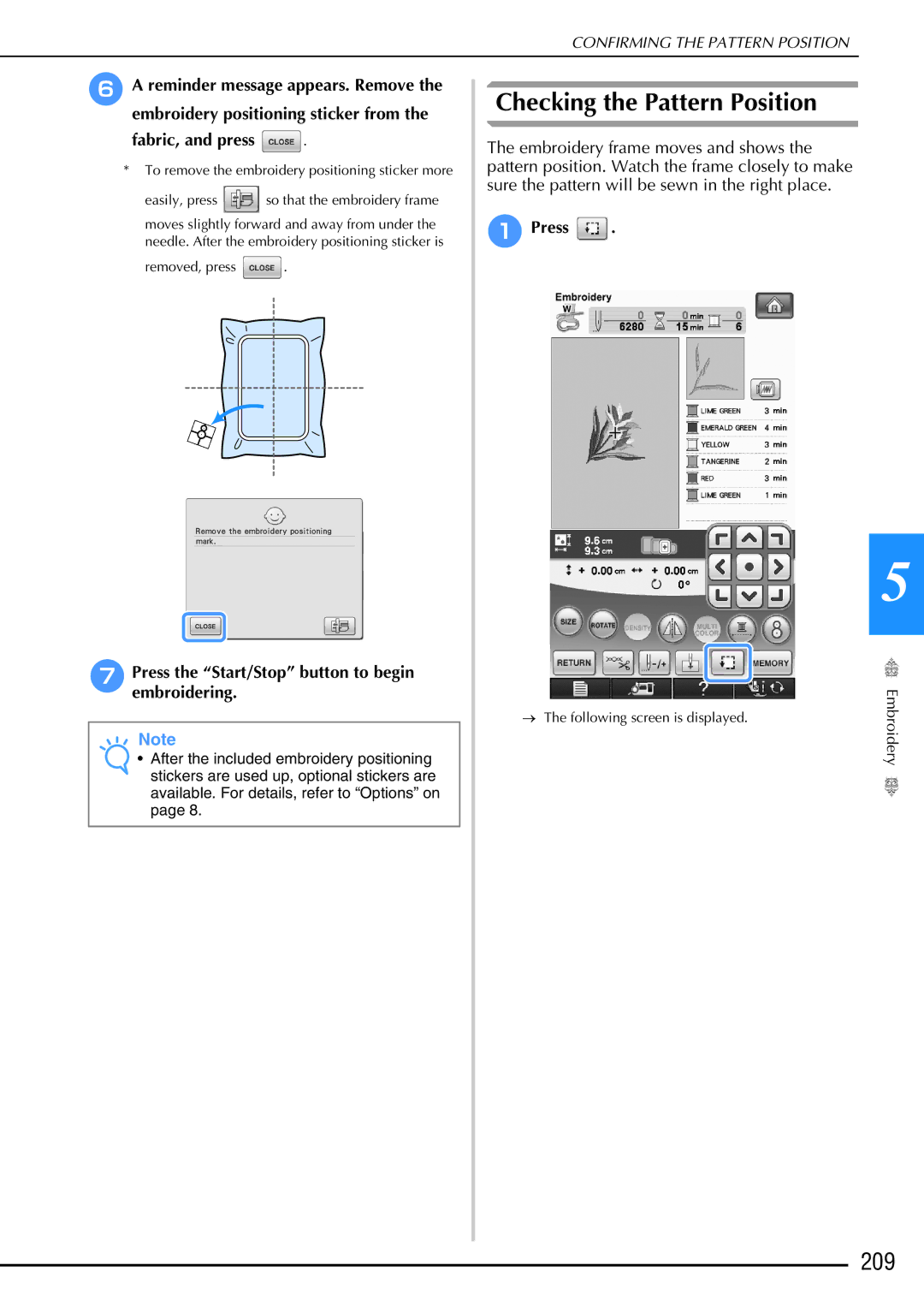 Brother 882-W02, 882-W01 operation manual Checking the Pattern Position, 209, Fabric, and press 