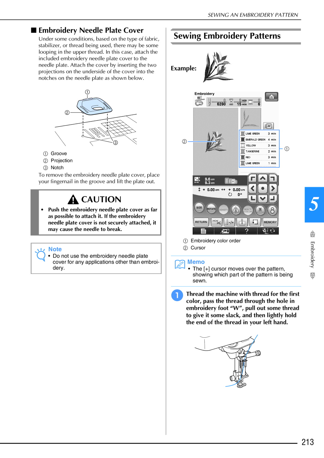 Brother 882-W02, 882-W01 operation manual Sewing Embroidery Patterns, 213, Embroidery Needle Plate Cover 