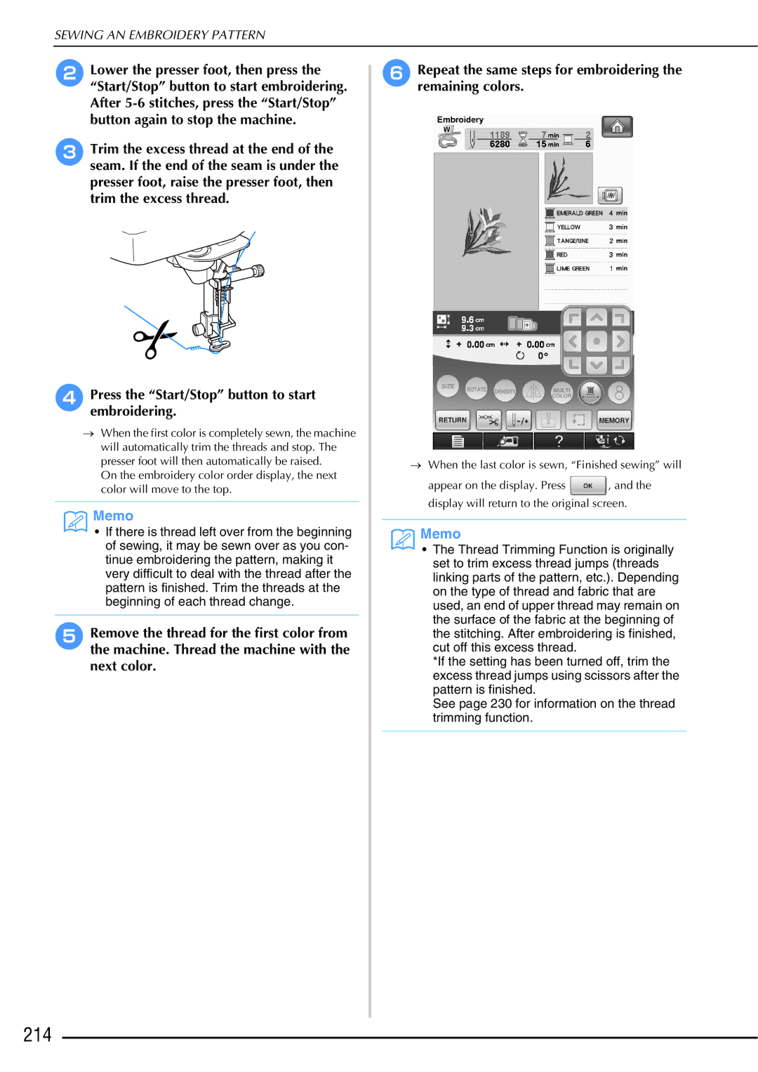 Brother 882-W01, 882-W02 operation manual 214, Press the Start/Stop button to start embroidering 