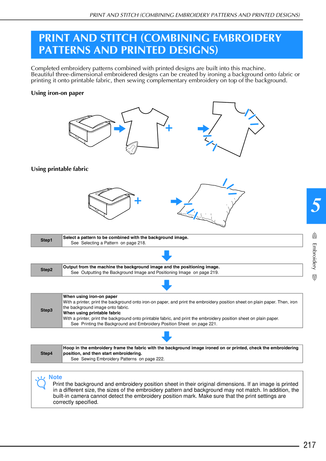 Brother 882-W02, 882-W01 operation manual 217, Using iron-on paper Using printable fabric 