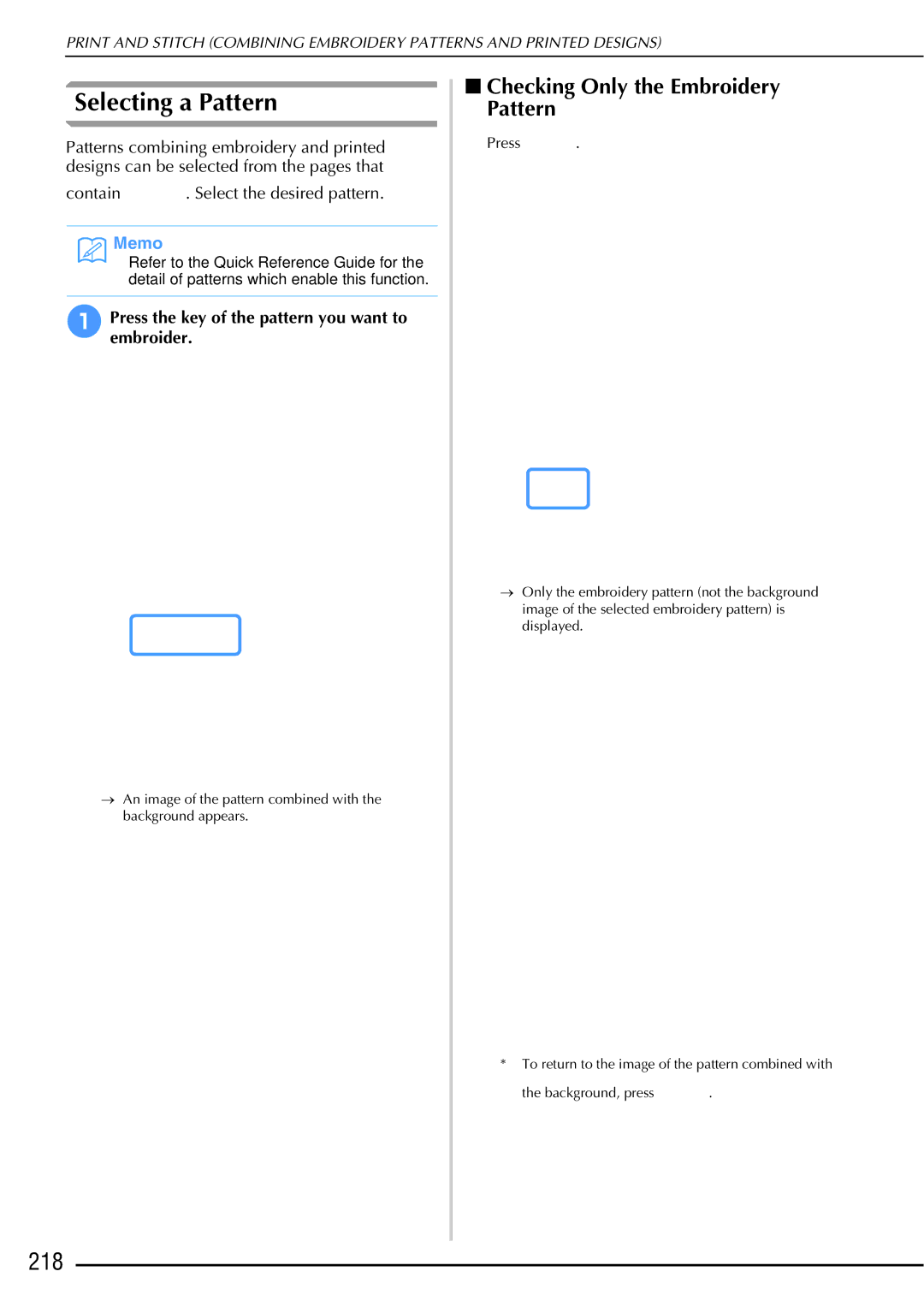 Brother 882-W01, 882-W02 operation manual Selecting a Pattern, 218, Checking Only the Embroidery Pattern 