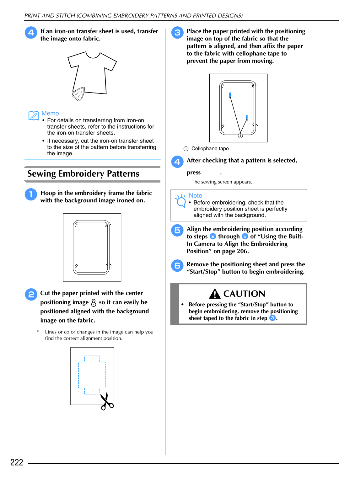 Brother 882-W01, 882-W02 operation manual 222, Cut the paper printed with the center, Image on the fabric 