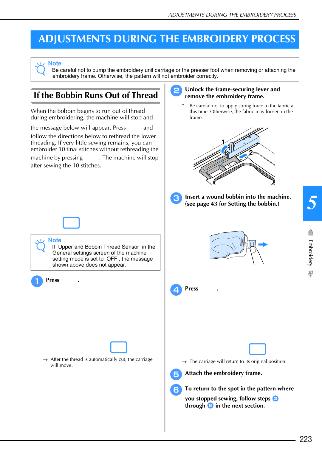 Brother 882-W02, 882-W01 operation manual If the Bobbin Runs Out of Thread, 223 