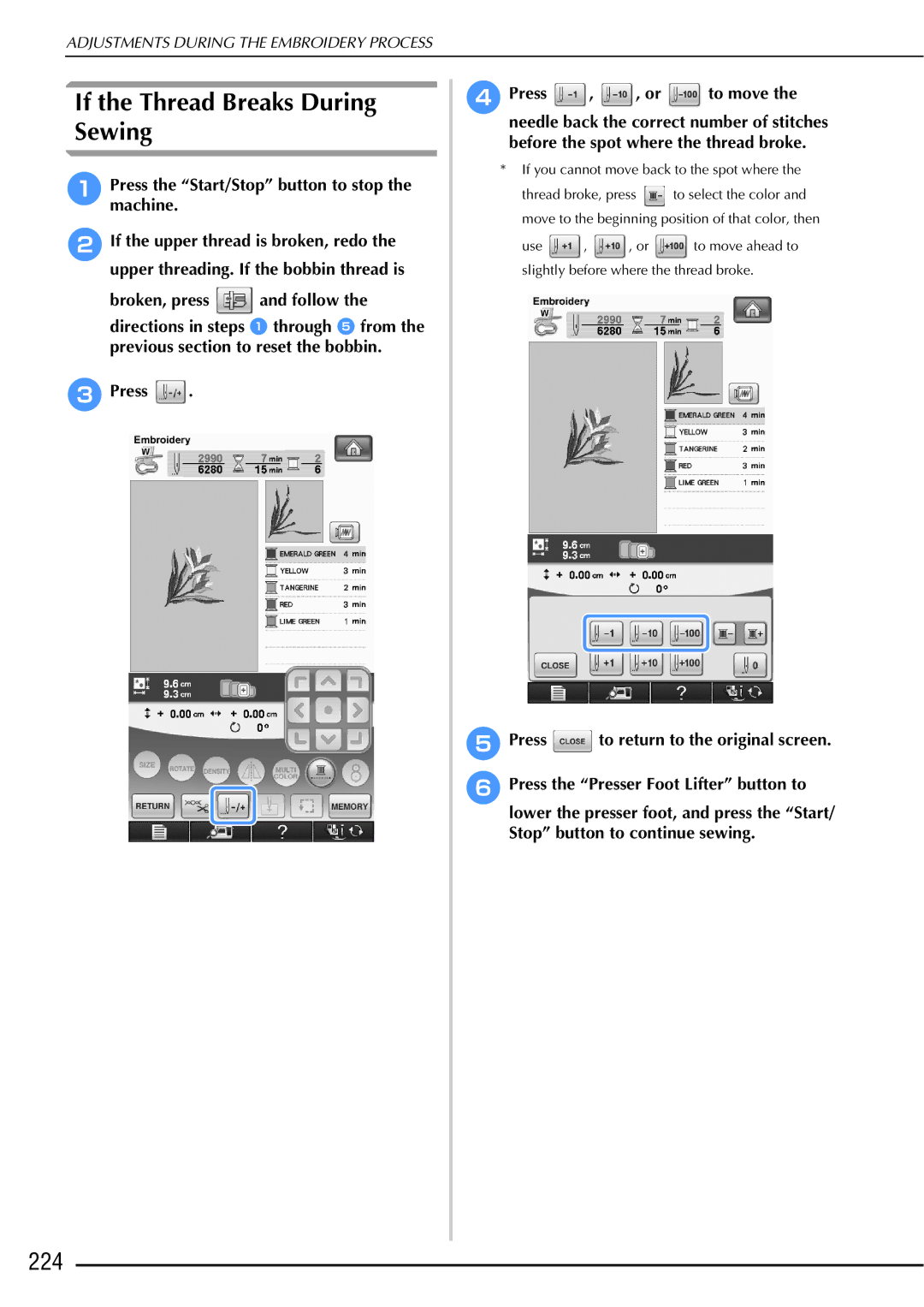 Brother 882-W01, 882-W02 operation manual If the Thread Breaks During Sewing, 224 