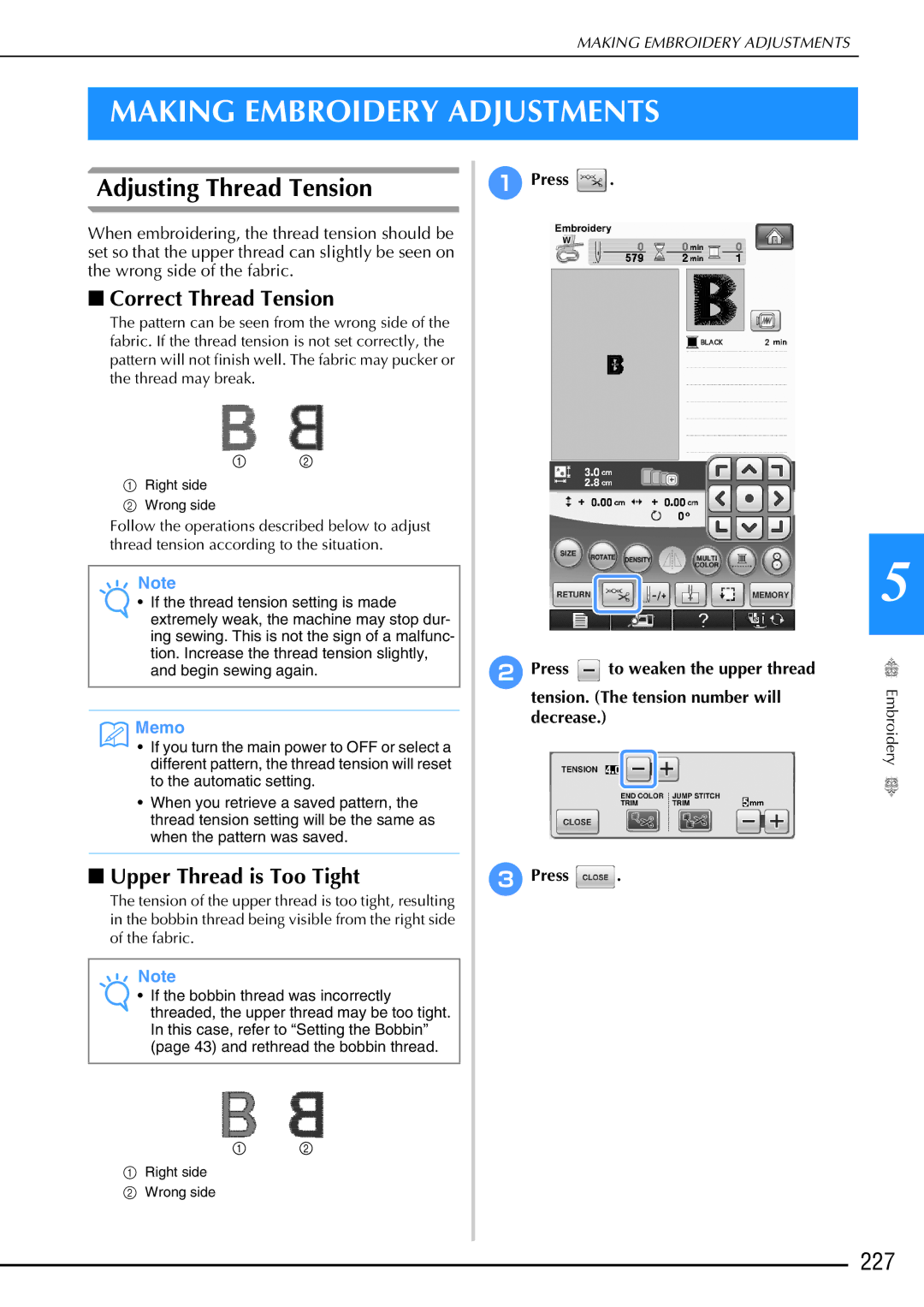 Brother 882-W02, 882-W01 Making Embroidery Adjustments, Adjusting Thread Tension, 227, Correct Thread Tension 