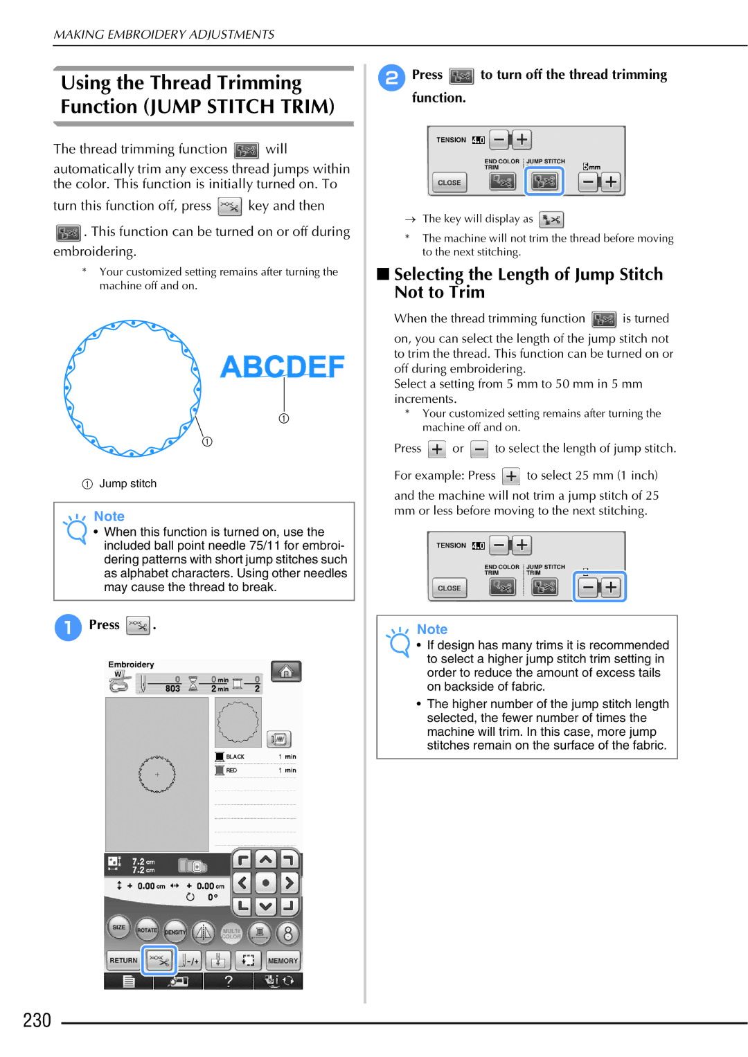 Brother 882-W01, 882-W02 operation manual 230, Selecting the Length of Jump Stitch Not to Trim 