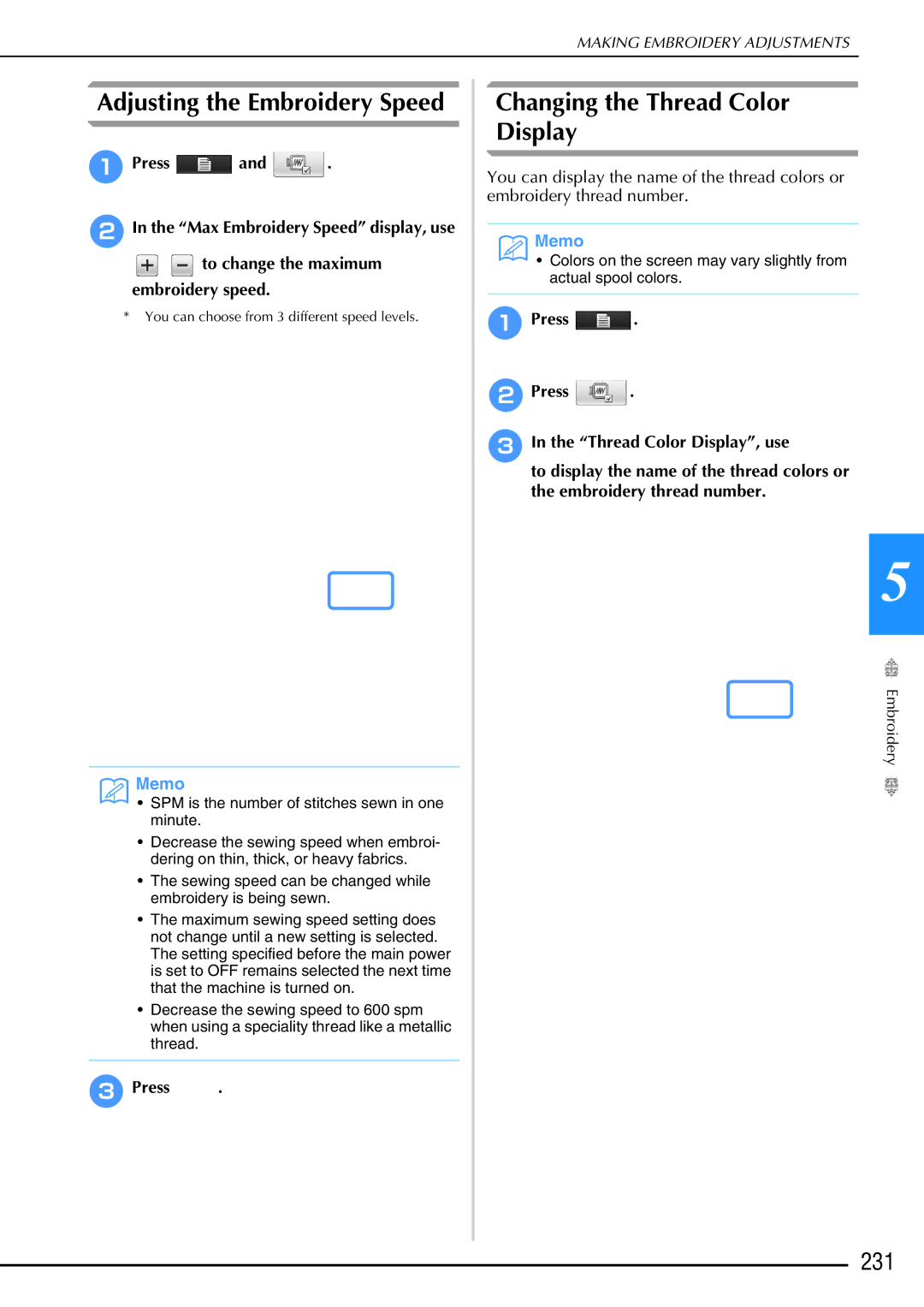 Brother 882-W02, 882-W01 operation manual Adjusting the Embroidery Speed, Changing the Thread Color Display, 231 