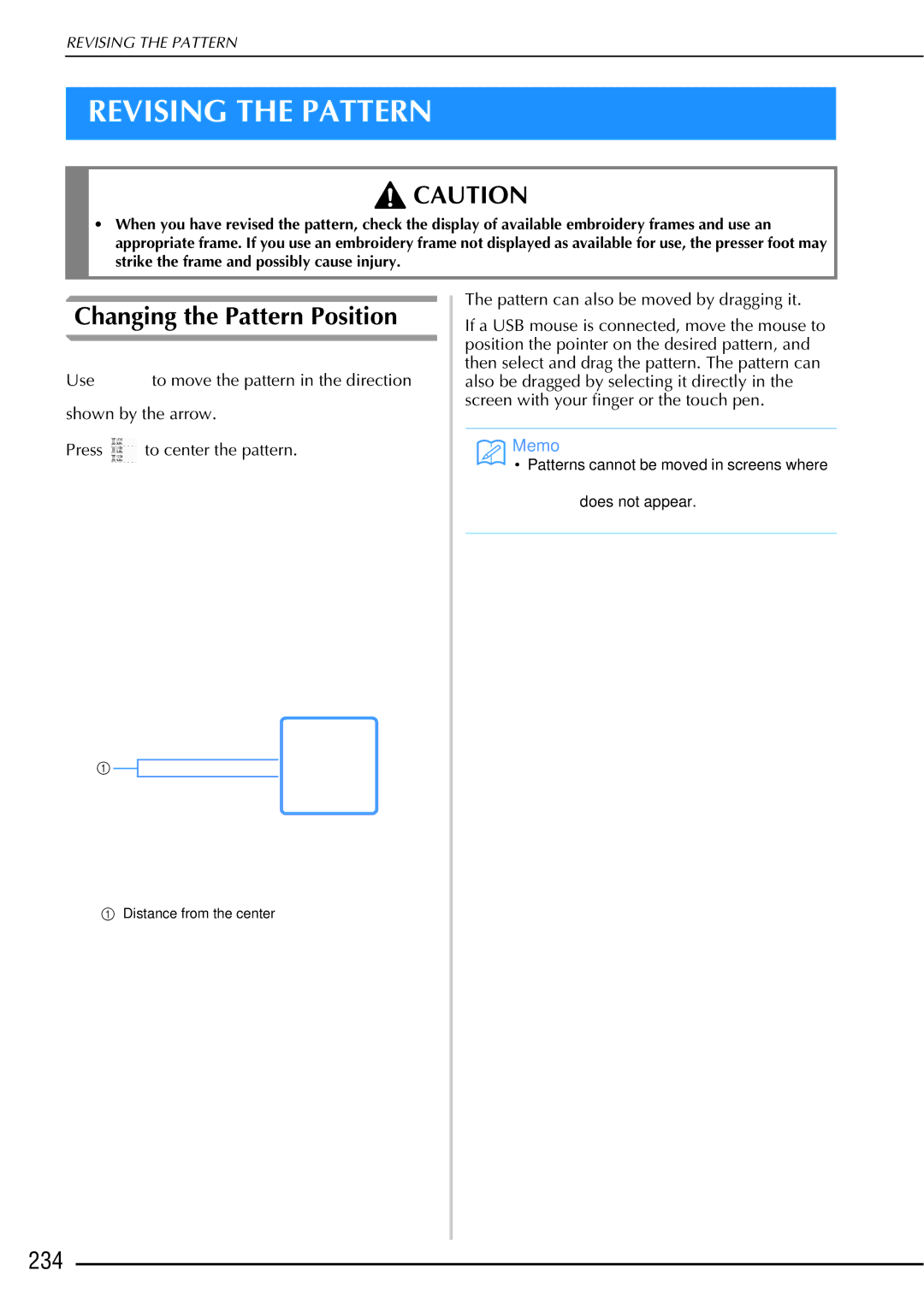 Brother 882-W01, 882-W02 operation manual Revising the Pattern, Changing the Pattern Position, 234 