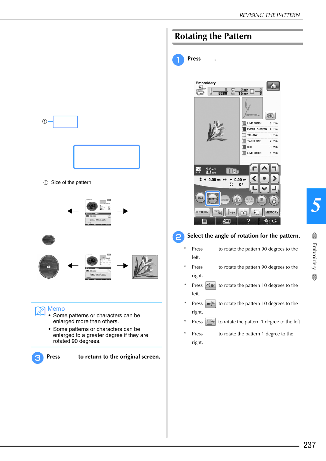 Brother 882-W02, 882-W01 operation manual Rotating the Pattern, 237, APress Select the angle of rotation for the pattern 