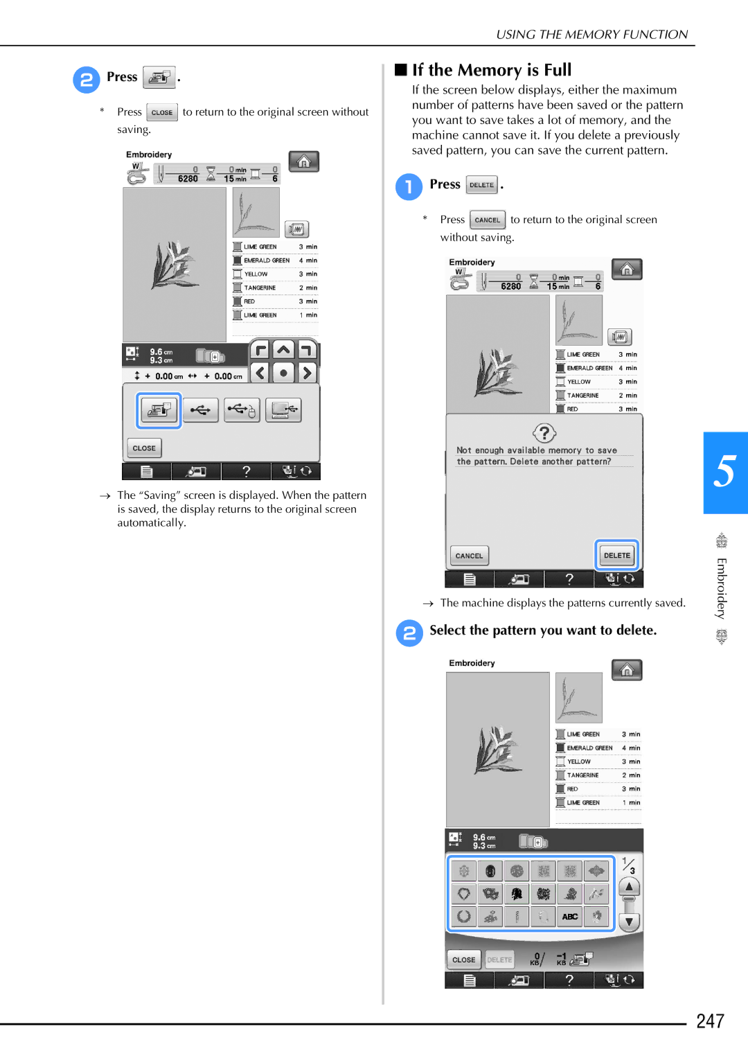 Brother 882-W02, 882-W01 operation manual 247, Select the pattern you want to delete 