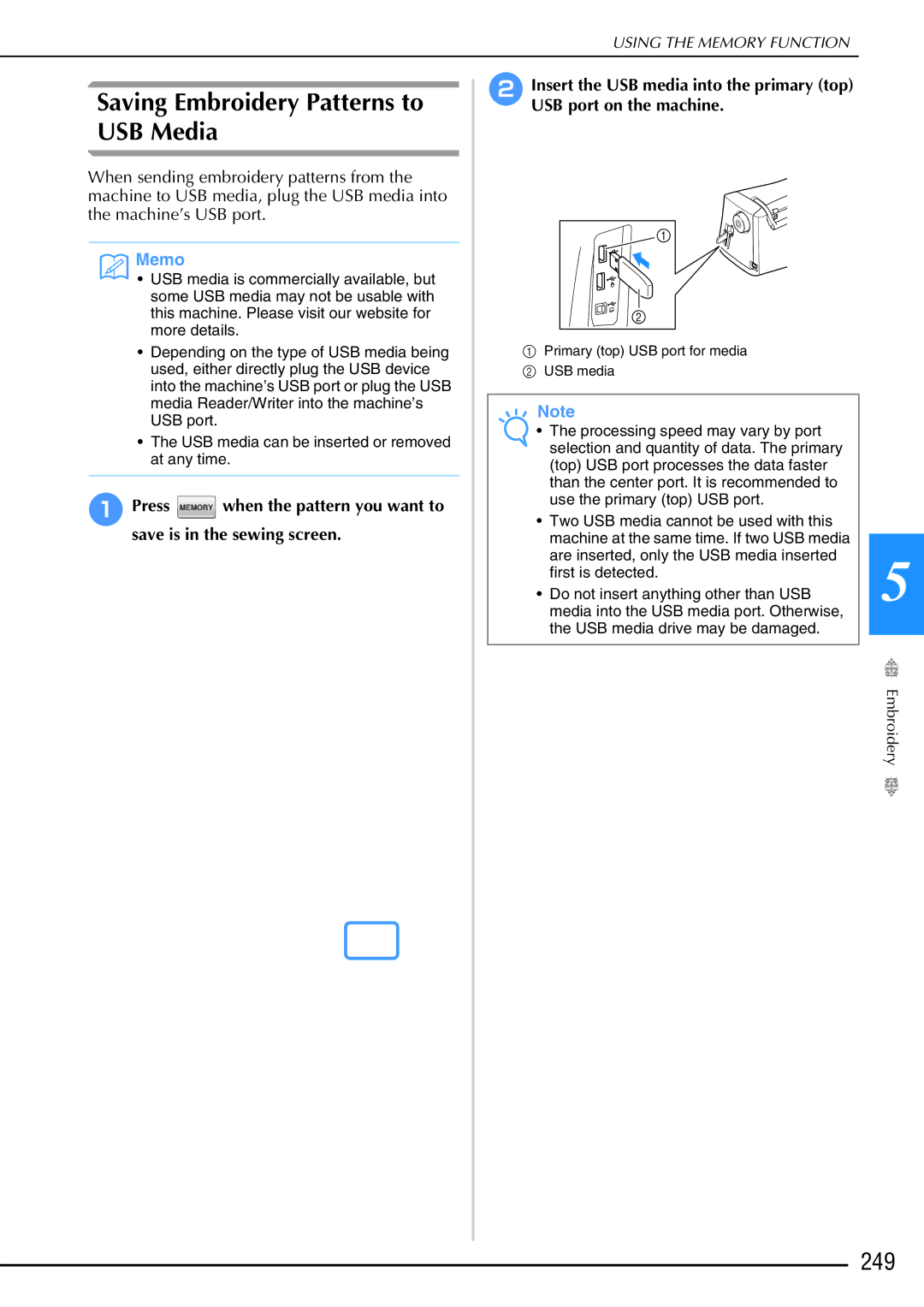 Brother 882-W02, 882-W01 operation manual Saving Embroidery Patterns to USB Media, 249 