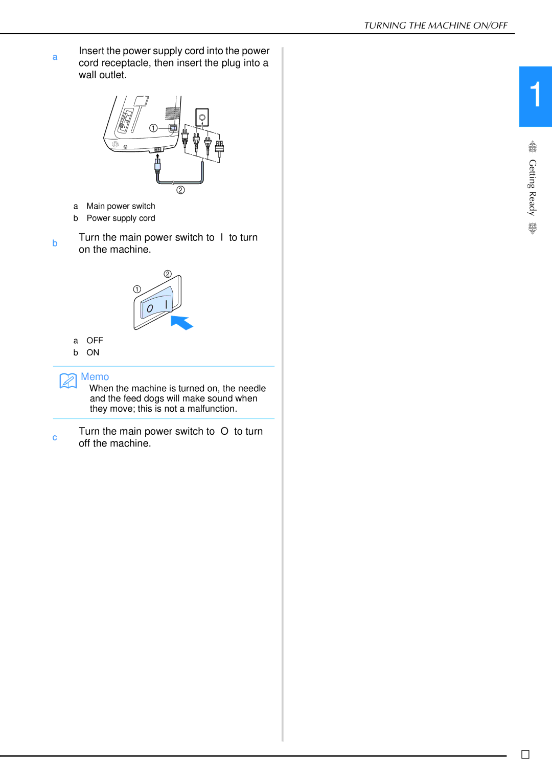 Brother 882-W02, 882-W01 operation manual Turn the main power switch to I to turn on the machine 