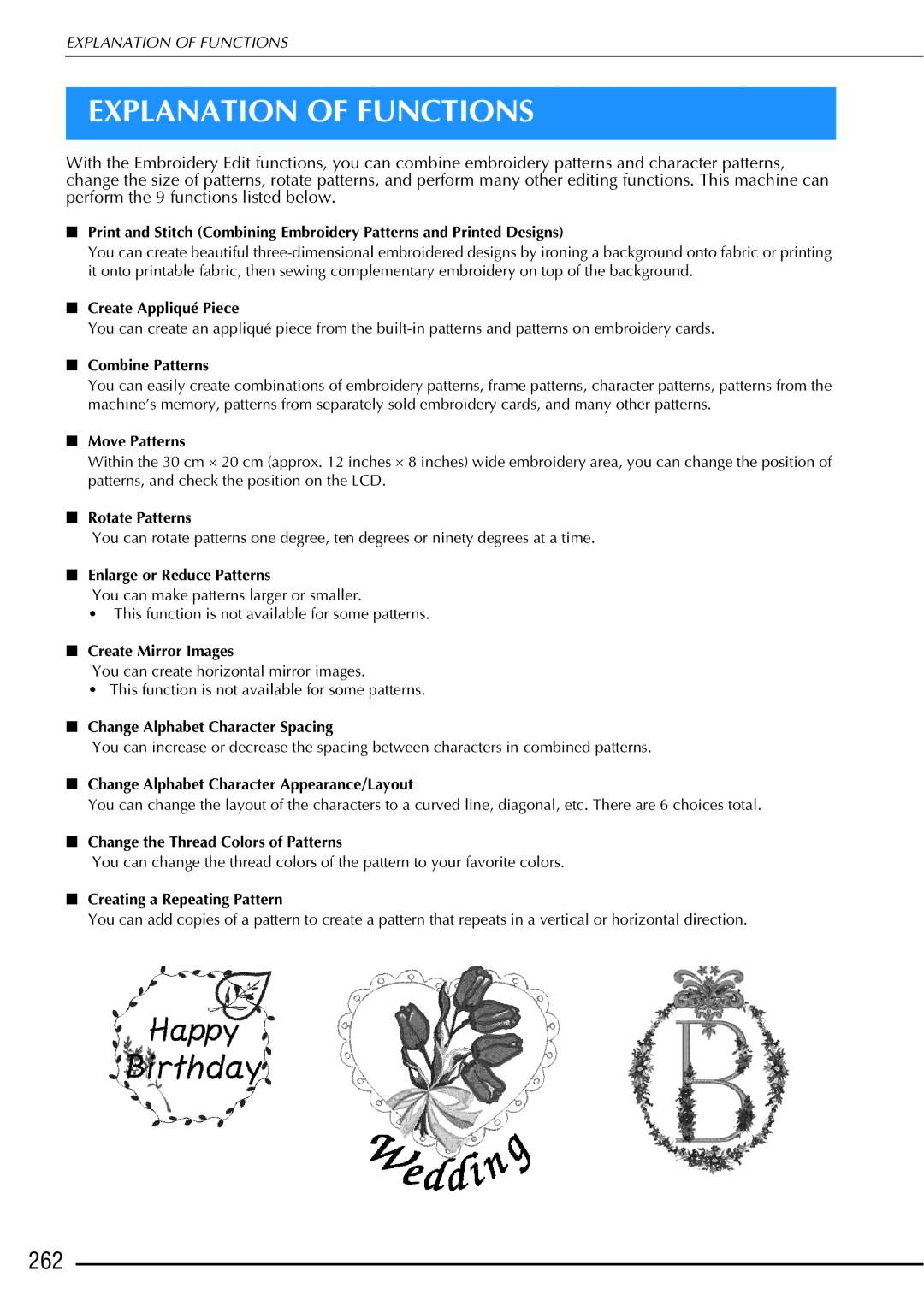 Brother 882-W01, 882-W02 operation manual Explanation of Functions, 262 