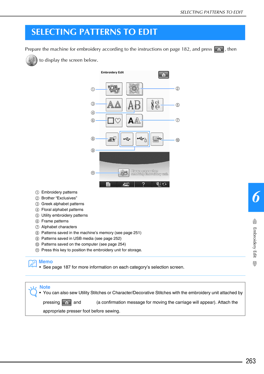 Brother 882-W02, 882-W01 operation manual Selecting Patterns to Edit, 263 