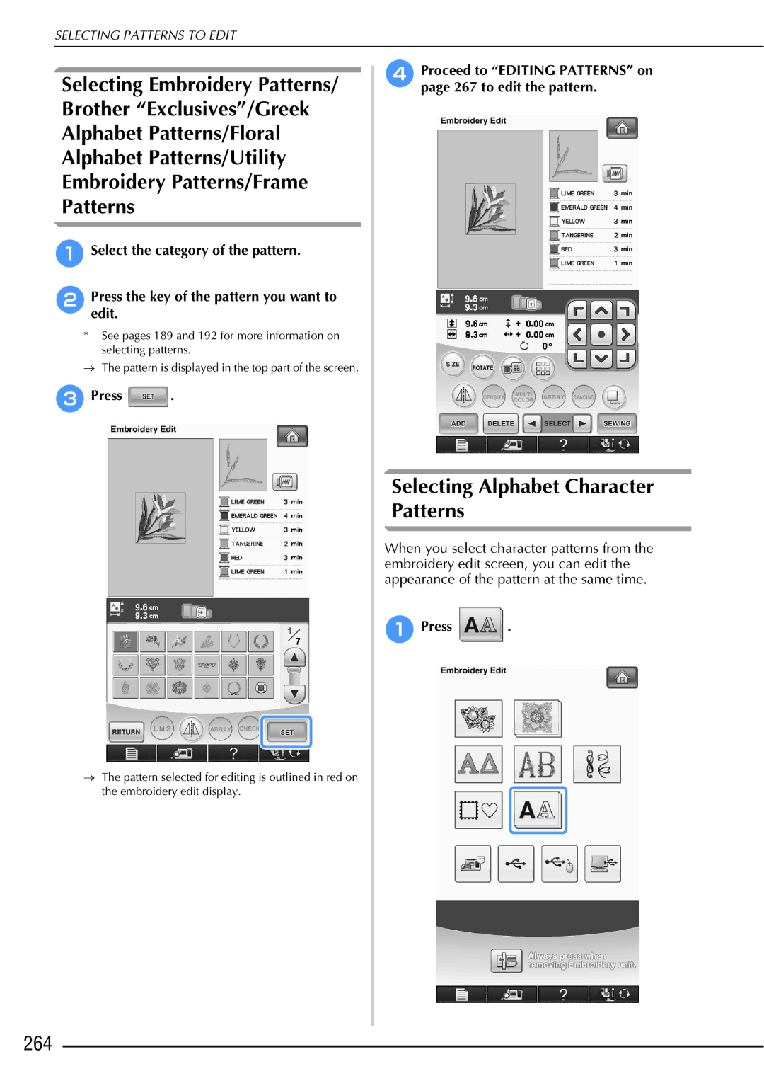 Brother 882-W01, 882-W02 operation manual 264, Proceed to Editing Patterns on page 267 to edit the pattern 